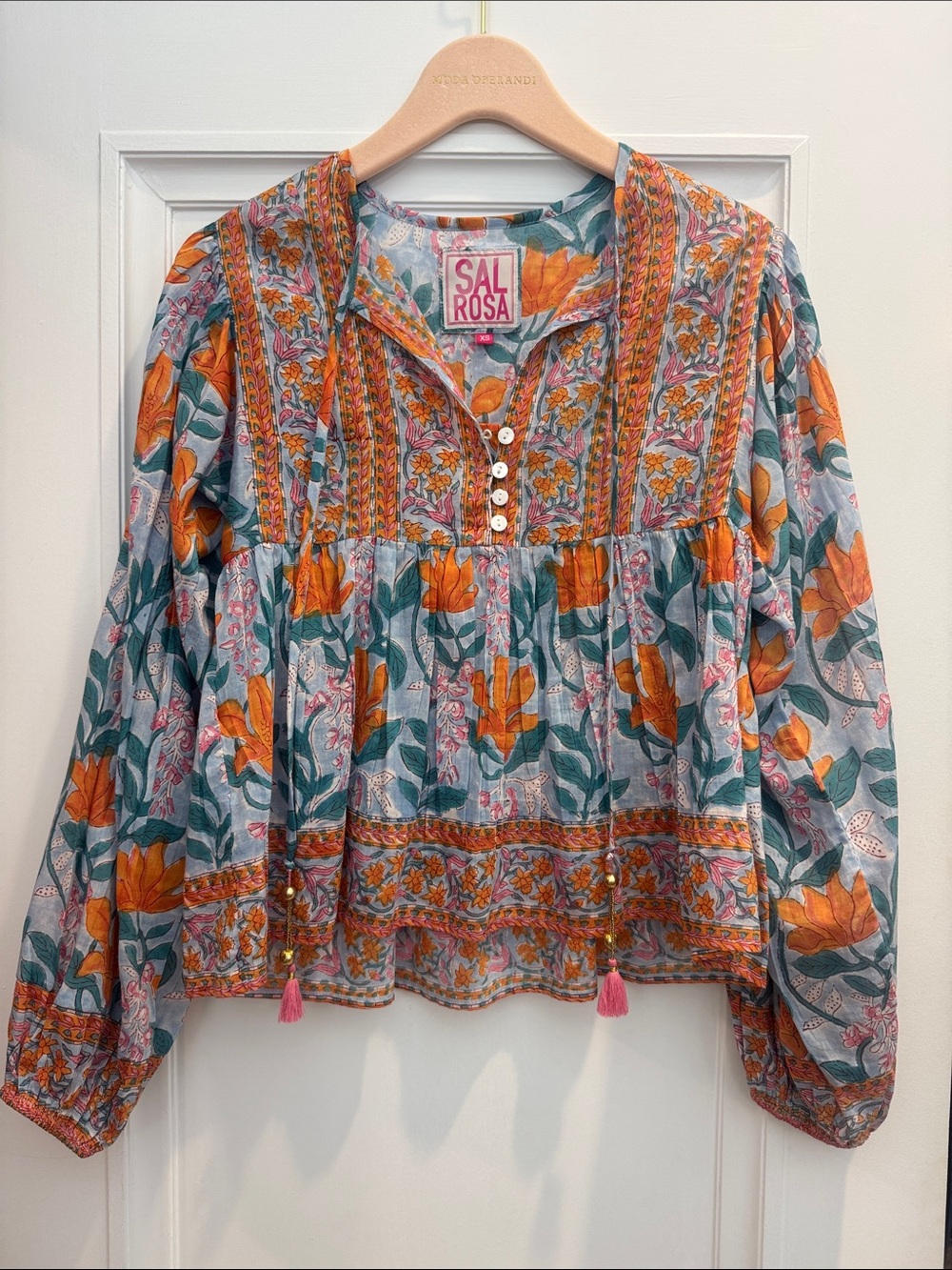 Floral Peasant Blouse in Teal and Orange